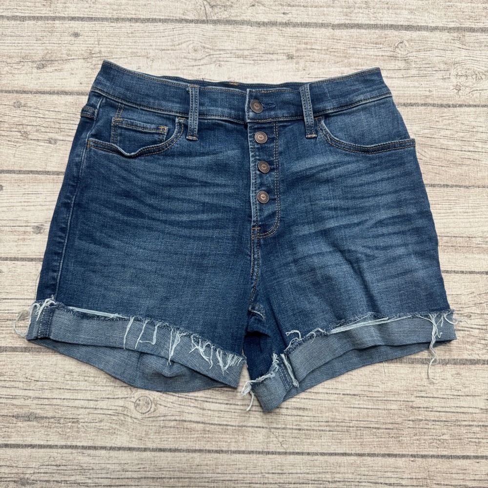Hollister Shorts Women's 5/27 Dark Wash High Rise Button Fly Cut Off Whiskered